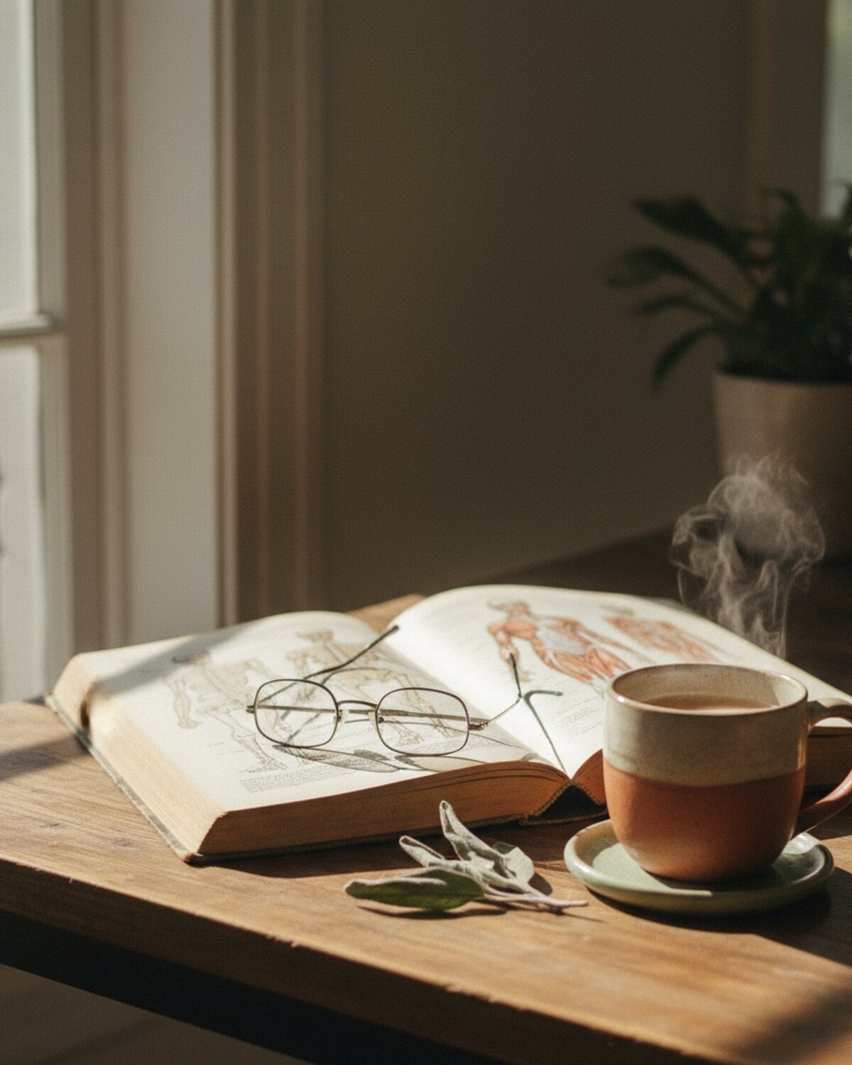 An open textbook and reading glasses on a sunlit desk