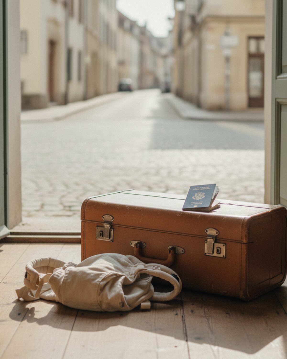 A packed suitcase with a baby carrier by a bright doorway