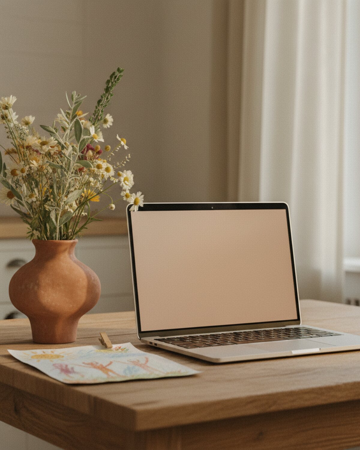A laptop on a kitchen table at golden hour beside a child's drawing