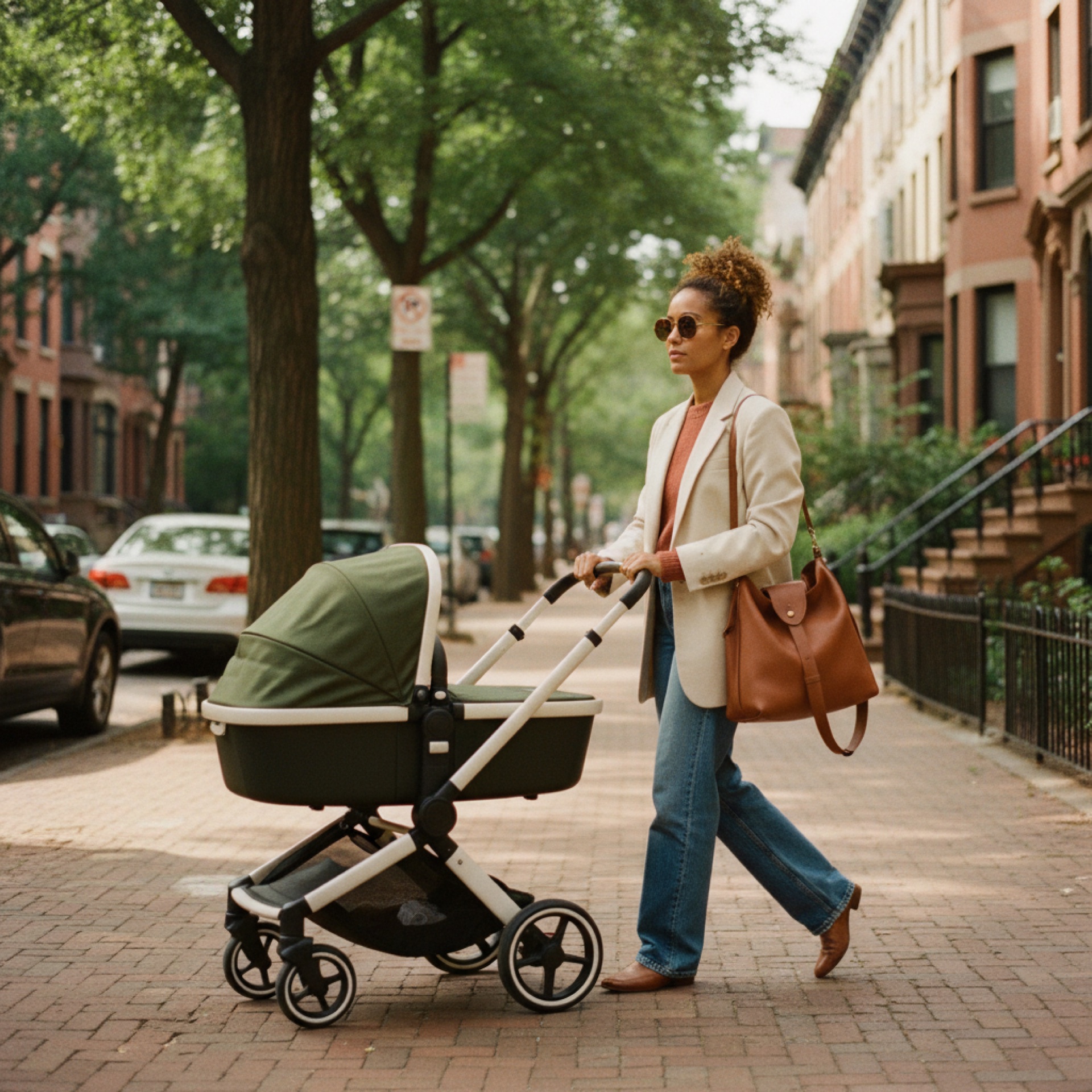 Mom out on a city street with her baby