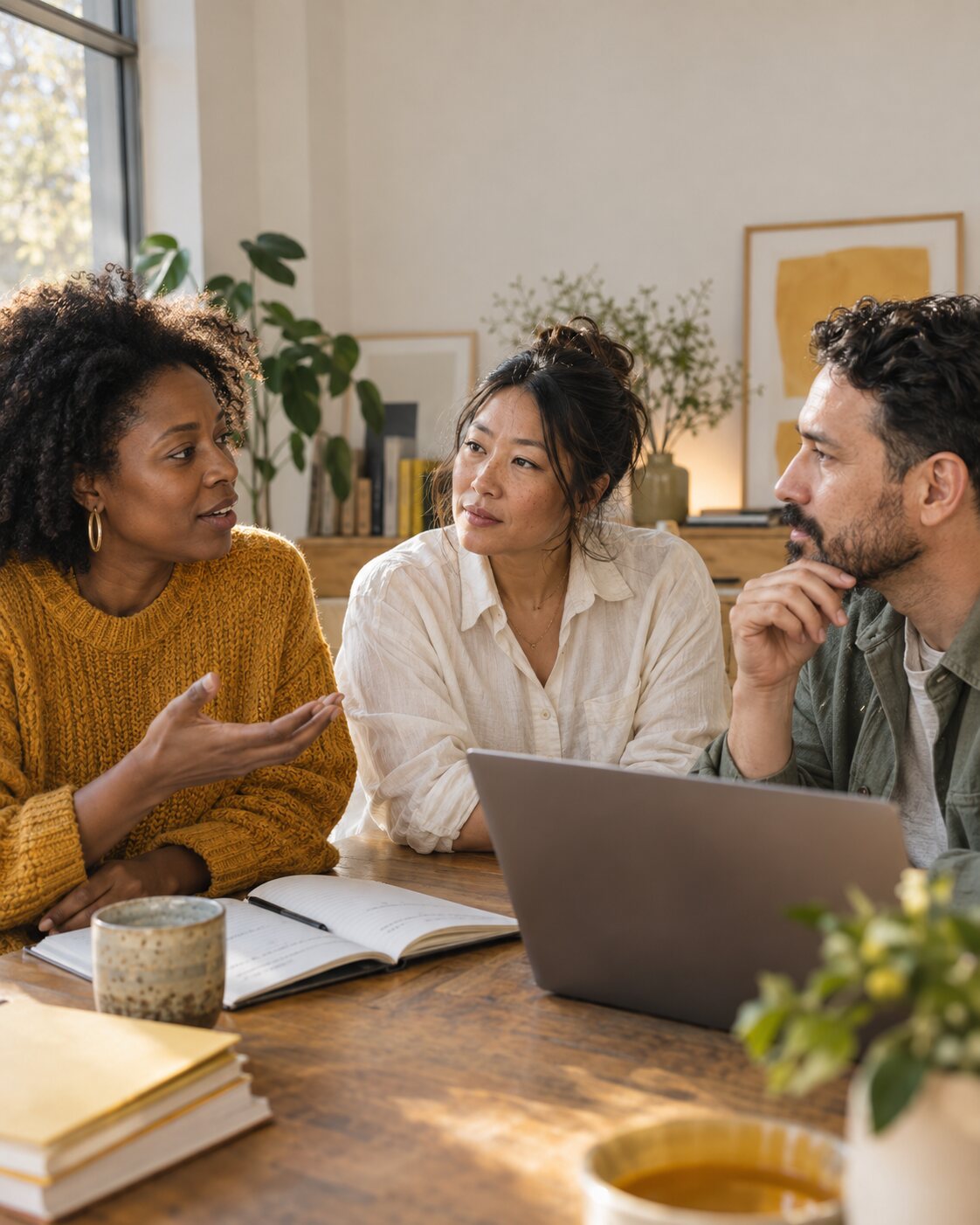 A care professional explains her approach at a studio table while two colleagues listen