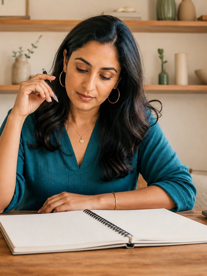 A care professional at her desk, pen in hand, working out what to write in her notebook