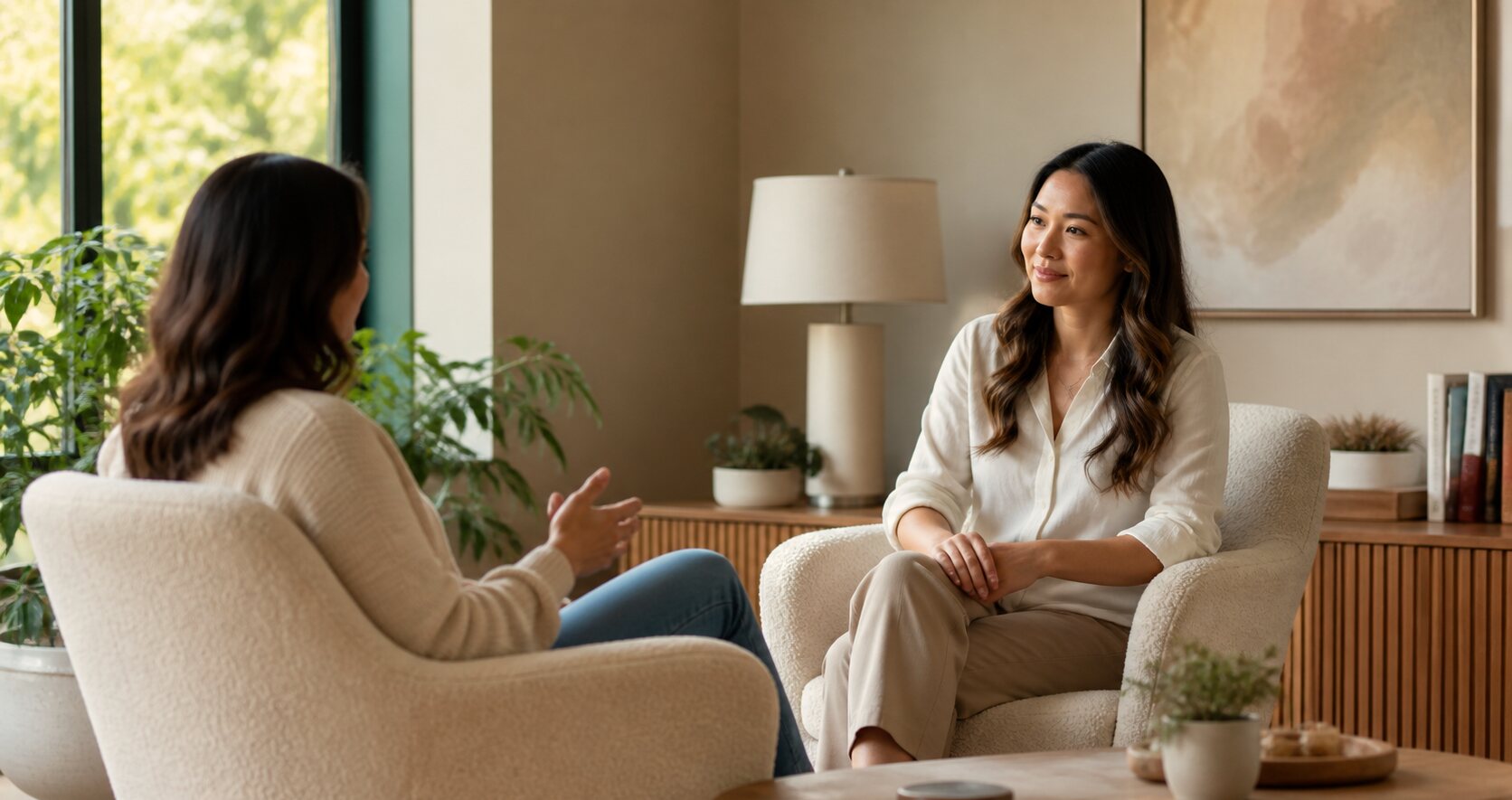 A care professional in a warm consultation room, listening to a parent who has come to see her