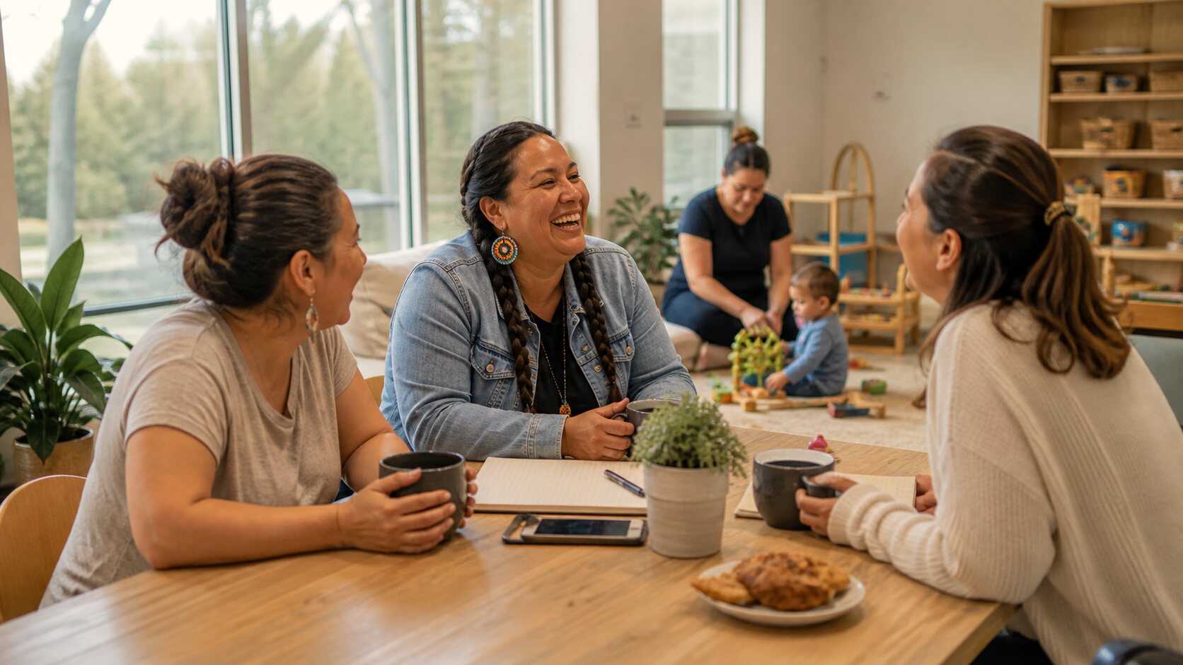 A care professional laughing with two parents over coffee while a toddler plays in the room behind them
