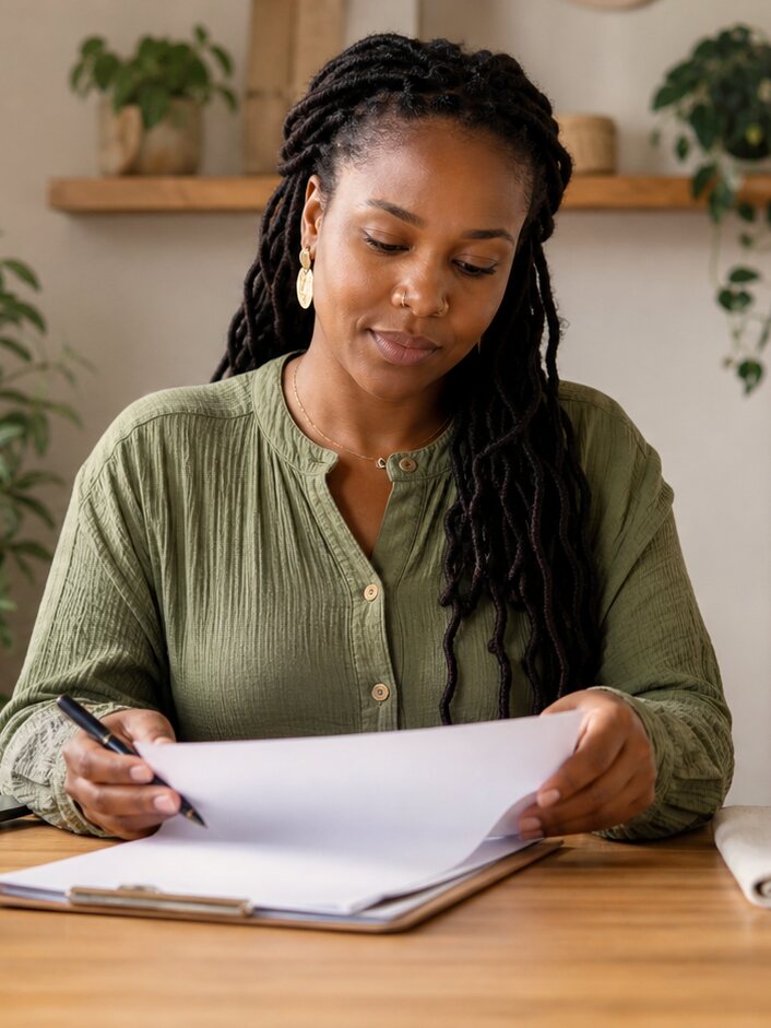 A care professional at her desk with a laptop, reviewing a page before she publishes it